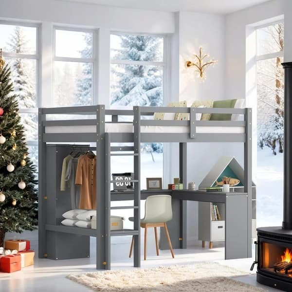 slide 2 of 13, Twin Loft Bed with L-shaped Desk, Wardrobe and Storage Shelves, Grey Grey