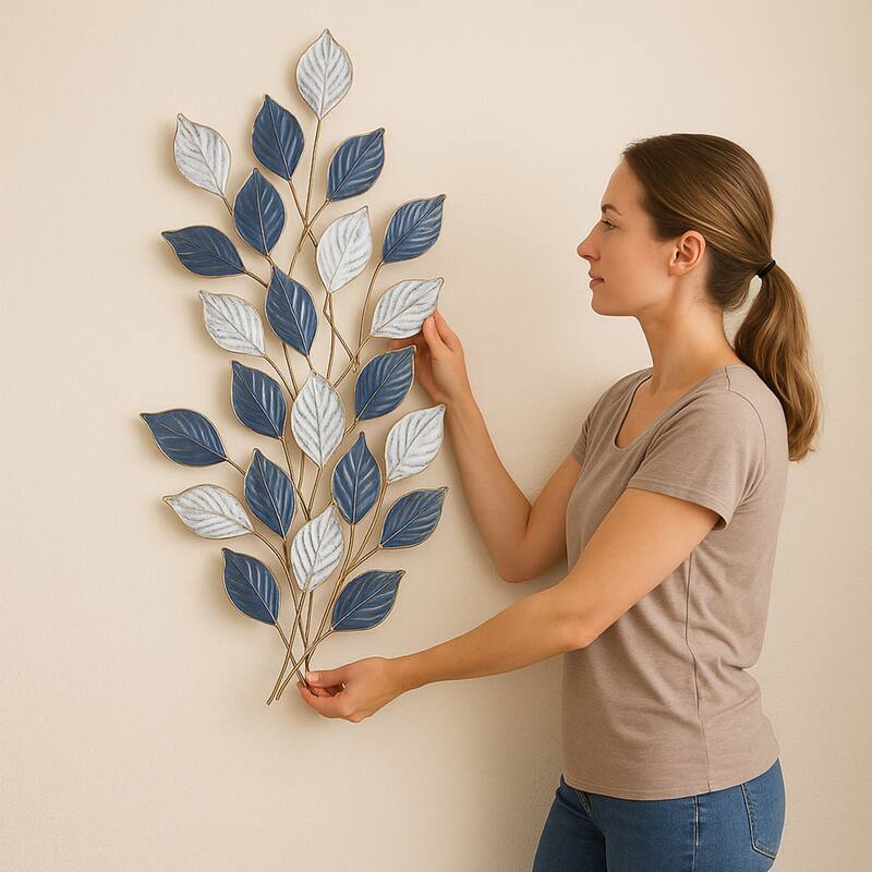 Green White Vertical 3D Leaf Metal Wall Art 36x19 Textured Iron Decor