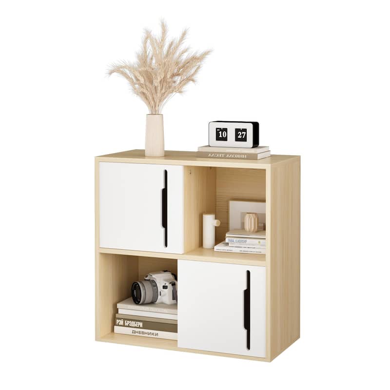 Light Wood 4 Cube Storage Organizer with Cabinet Doors