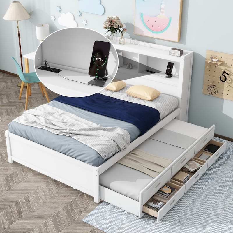 Full Size Platform Bed with Trundle, Drawers, USB Plugs, and Storage Shelves, White
