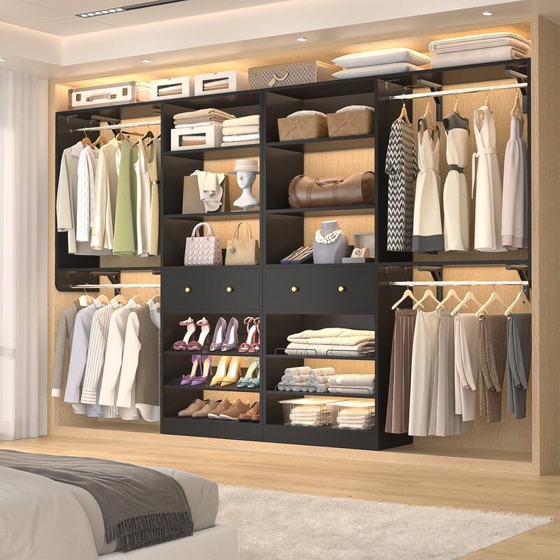 5FT Closet System with 2 Hanging Rods and Wooden Drawer, Walk-in Closet Organizer with 2 Wing Shelve and Adjustable Rack Shelves
