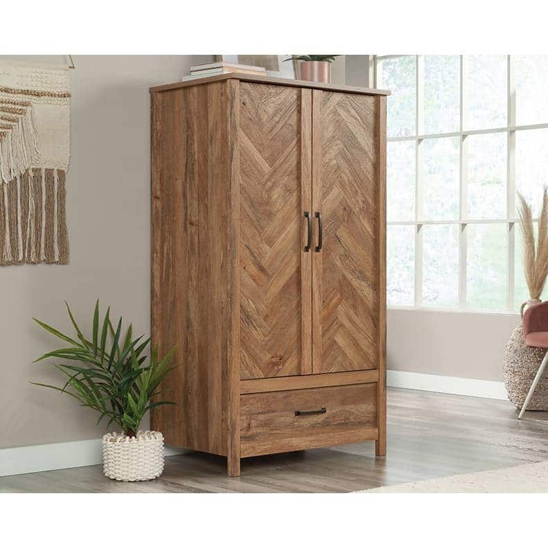 FarmHouse Rustic Herringbone 1 Drawer Garment Rod Wardrobe Armoire - 22.5 inches L x 32.3 inches W x 59.3 inches H