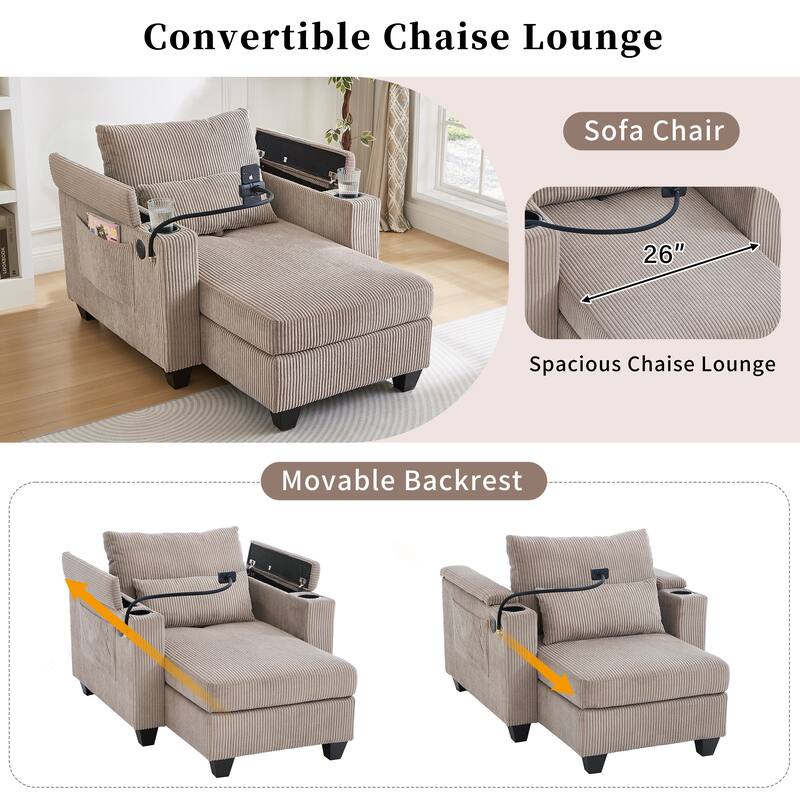 Convertible Chaise Lounge 37.4" Sofa Chair Sofa Bed Corduroy Sleeper Sofa with USB Ports, Two Cup Holders, Phone Holder
