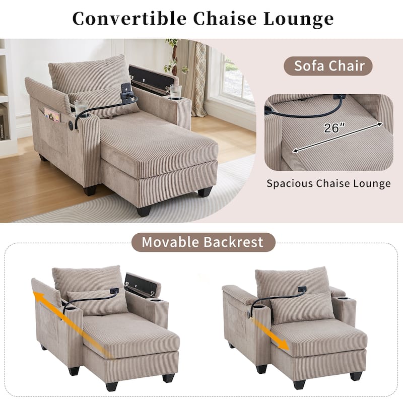 Roomfitters Convertible Corduroy Sofa Chair Bed with USB Ports, Cup Holders, Phone Slot and Storage for Living Room