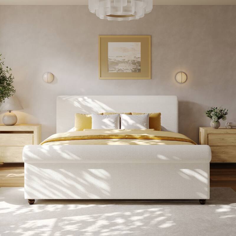 Christopher Knight Home - Modern Linen Upholstered Bed Frame with Solid Wood Legs and a Robust Headboard and Footboard