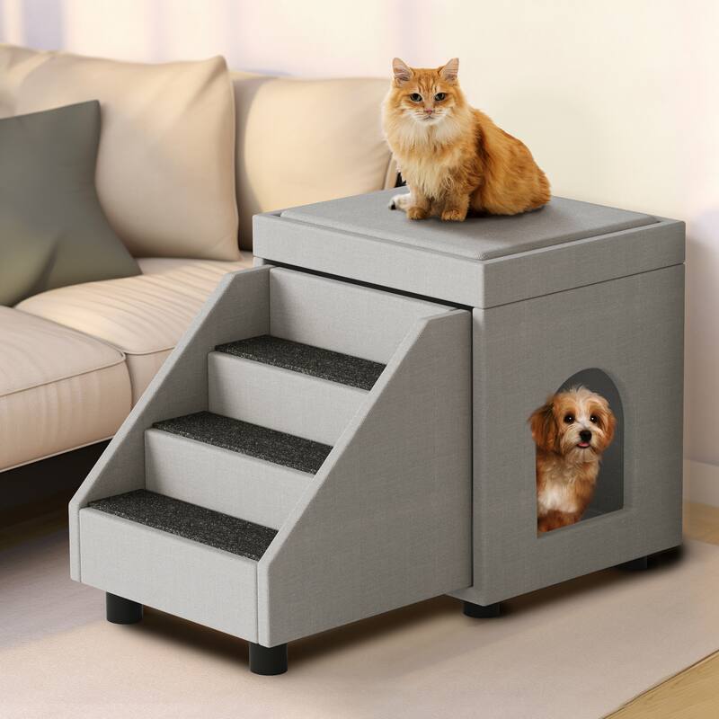 4 Stairs Foldable Pet Stair Pet Steps with Mats - Grey