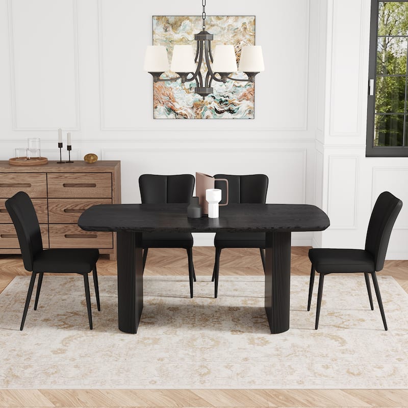 5-Piece Dining Table Set.67 * 35.4 inch wood grain MDF dining table with 4 PU chairs with a vertical stripe design
