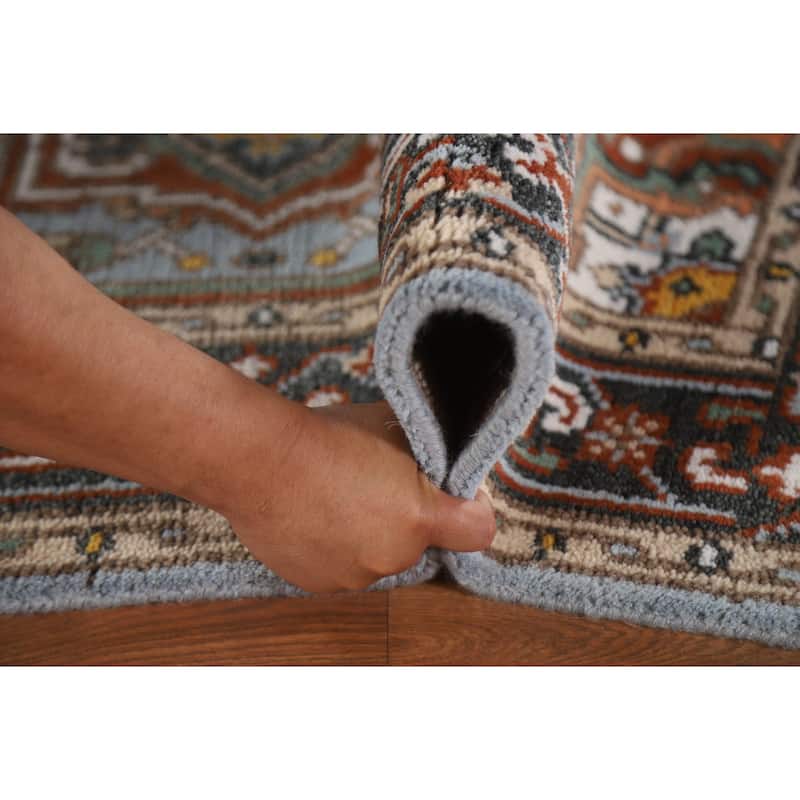 Light Blue Geometric Heriz Indian Area Rug Handmade Wool Carpet - 3'2"x 4'11"