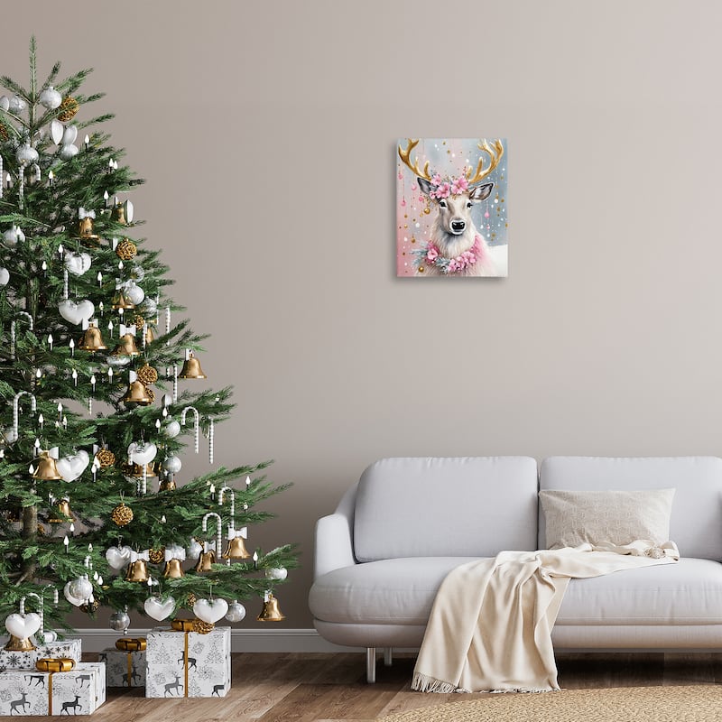 Stupell Pink Floral Festive Reindeer Canvas Wall Art Design By Tabz Jones