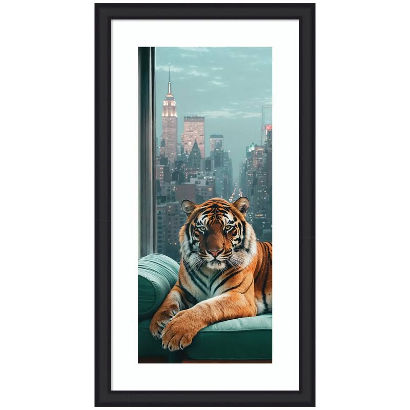 Kate and Laurel Framed Art Graceful Tiger in New York Panel by Michael Schauer - 24x43 - Black