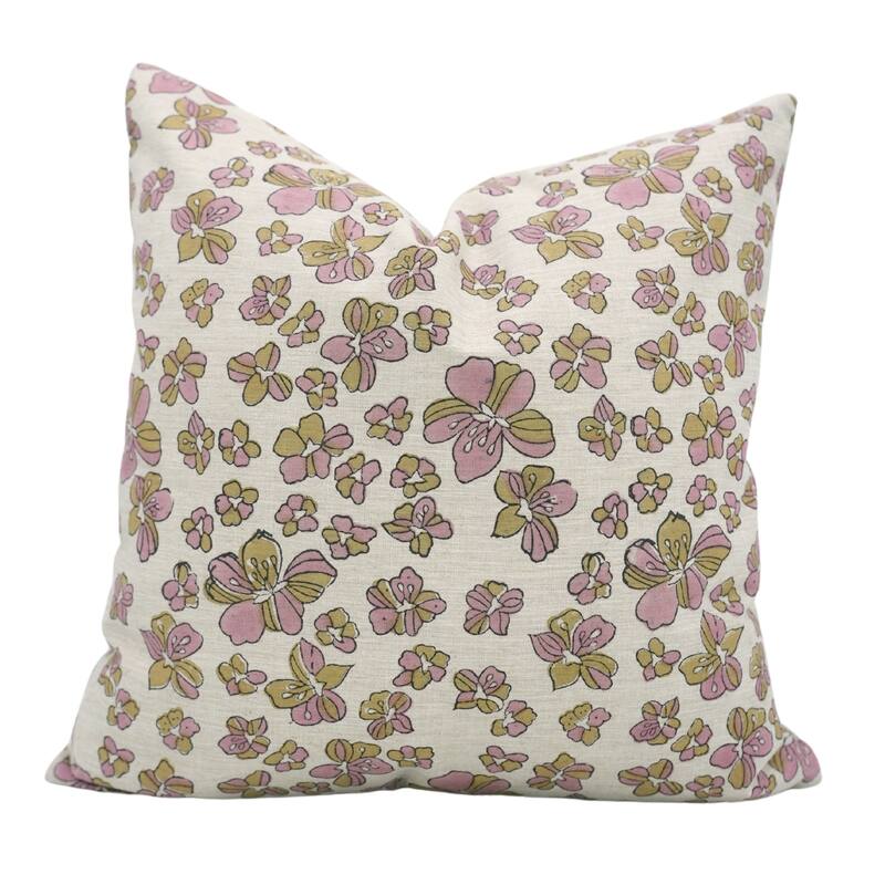 Fabdivine Floral Throw Fall Summer Décor Pink Pillow Cover Handmade Linen, for Farmhouse Guest Room or Couch, Custard Apple - Jhilmil- Pink, Brown - 14" x 14" - Pillow Covers