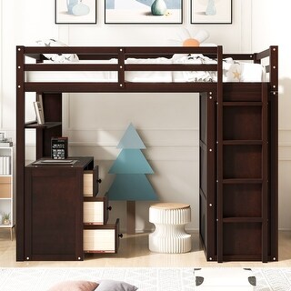 Wood Twin Size Loft Bed with Wardrobes and Desk - Gray