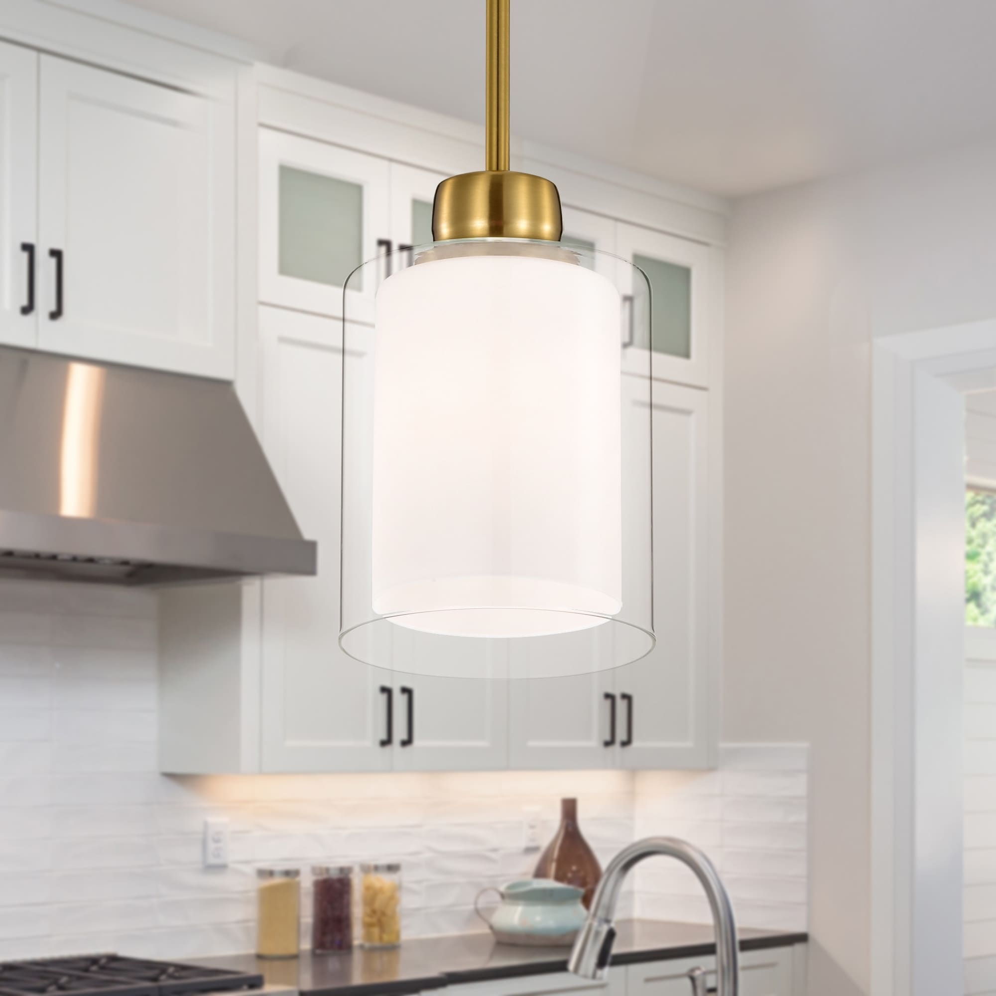 Daley 1-Light Gold Double Shaded Mini Pendant Light with Clear Glass and White Glass Shades