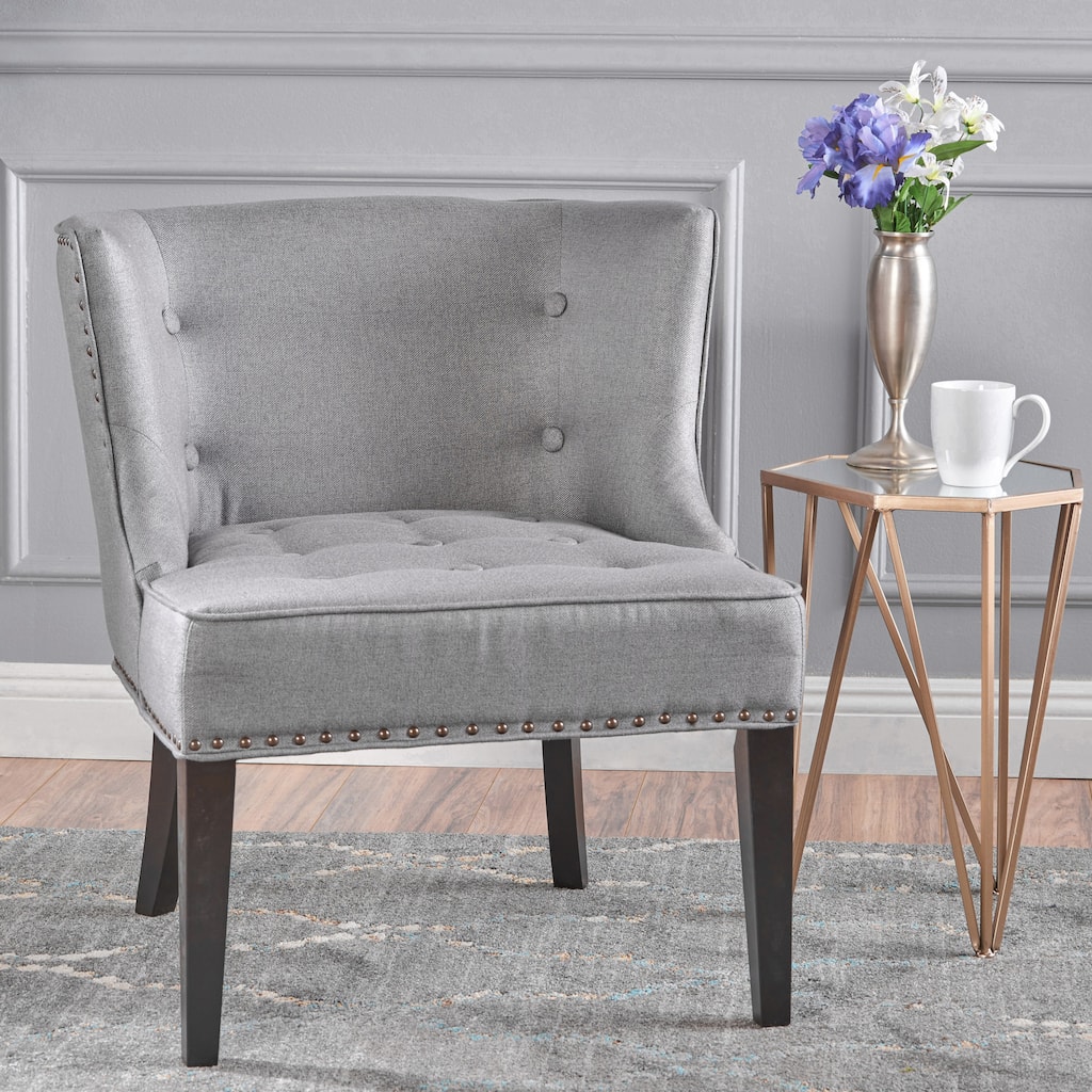 Grey Modern 28" Accent Chair with Button Tufted Waffle Stitching and Nailheads