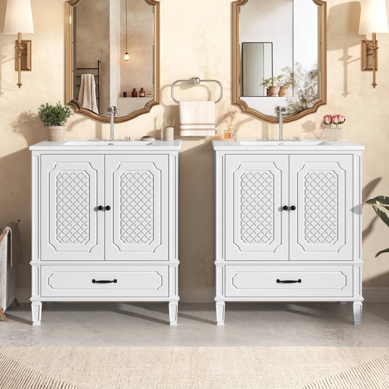 60" Bathroom Vanity with Double Sink Combo Set, 2 Cabinet with Door Organizers, 2 Drawers - White