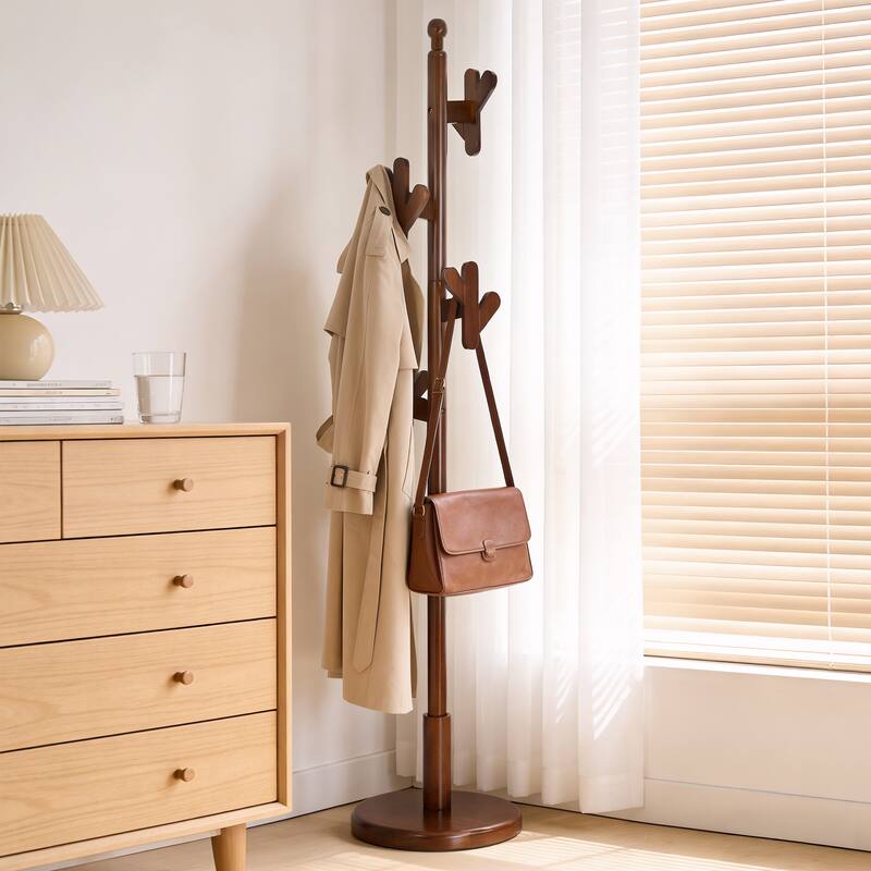 Solid Wood Coat Rack Freestanding Coat Tree Stand with 4 Creative Antler Hooks - 72"H x 15.7"W