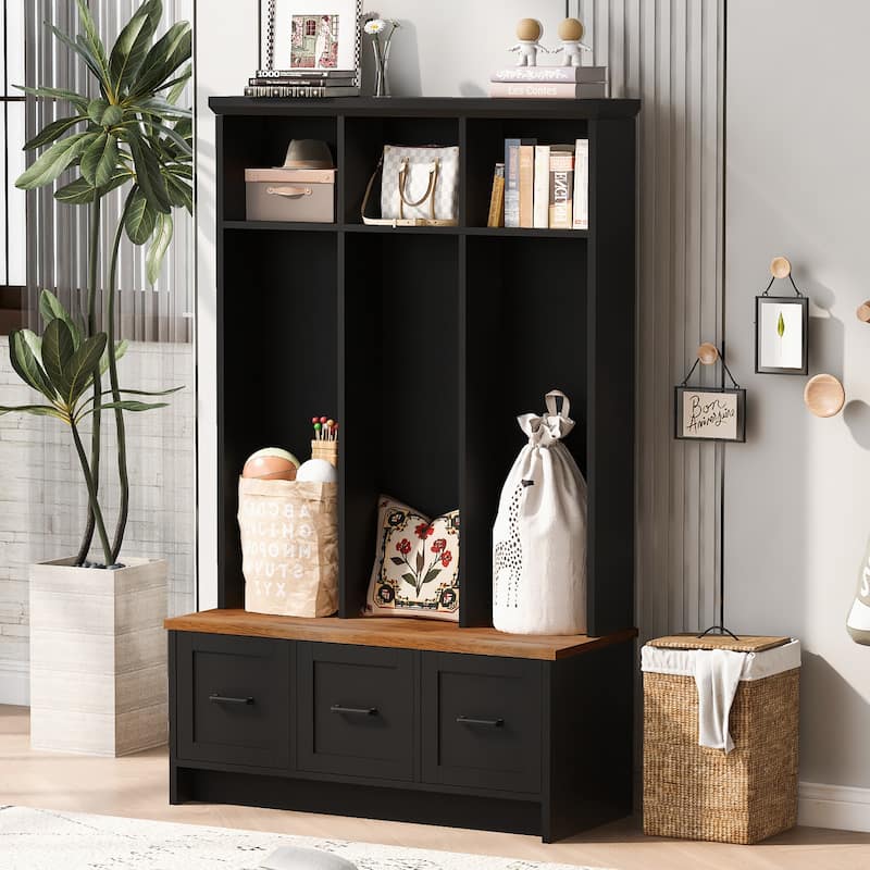 40.2" Modern Coat Rack with 3 Shelves and Drawers,Storage Bench