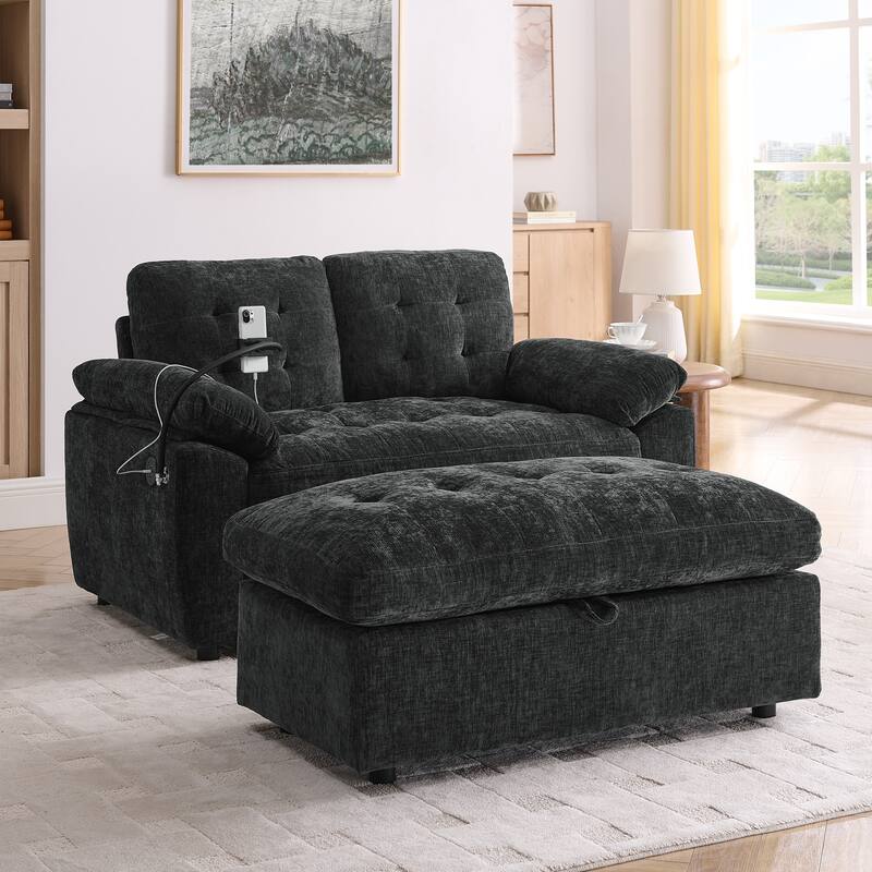 Double Recliner Chair with Adjustable Backrest, Storage Ottoman, USB Port & Phone Stand