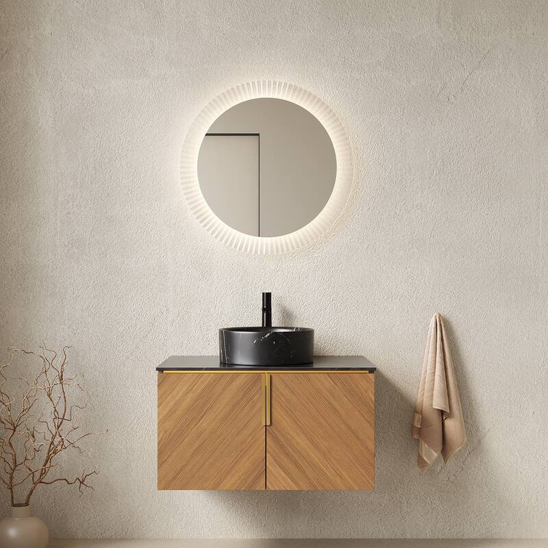 Wall-Mounted Bathroom Vanity with Round Ceramic Sink - 29.92'' x 19.69'' x 20.9'' - Brown Oak and Black