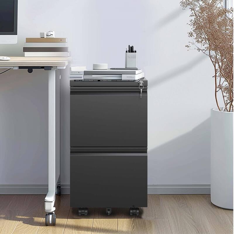 2 Drawer Metal Mobile File Cabinet,Rolling File Cabinet with Lock for Hanging Legal/Letter/A4 Size,Fully Assembled Except Wheels - Black