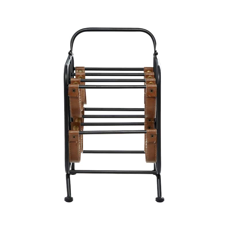 Metal 6 Bottle Wine Rack with Faux Leather Strap Holders - Black - Roche River Decor - 10"W x 15"L x 16"H