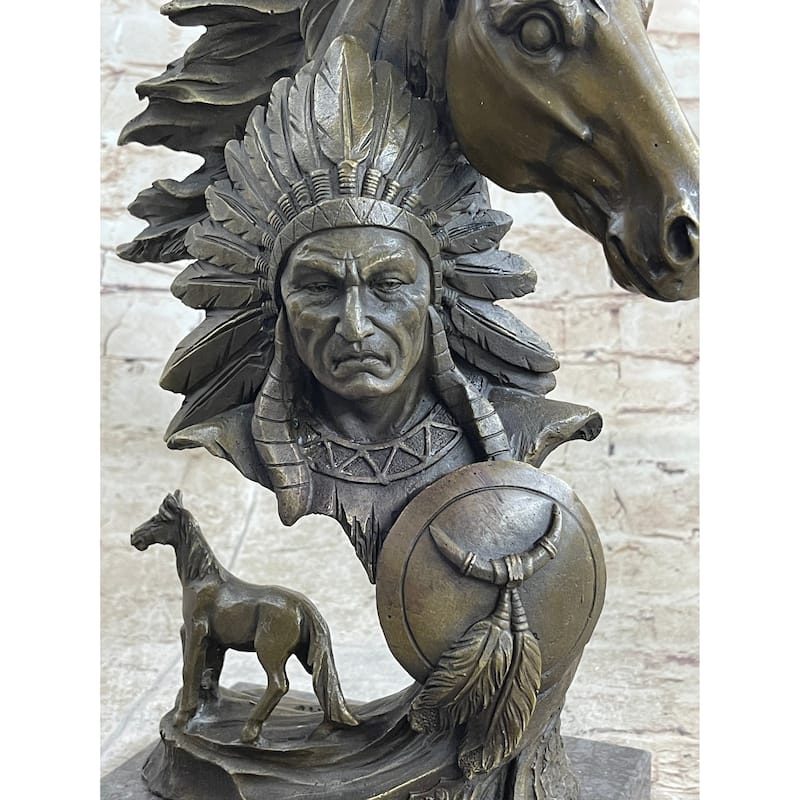 Native American Indian Bust W/ Horses Bronze Statue Sculpture Original Art Decor