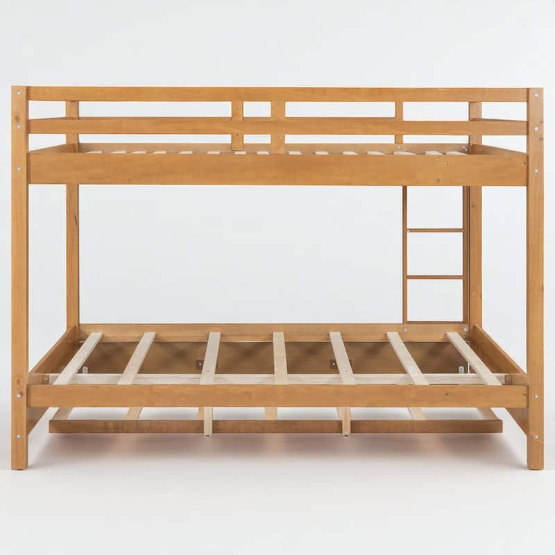 Wood Queen Bunk Bed Frame with Ladder and Trundle, Slatted Support, Safe Railings, Easy Assembly Included
