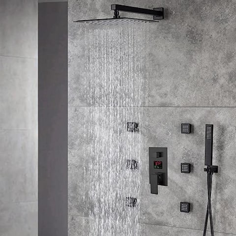 matte black wall mounted 16 inch rain head 3 way digital display anti scald shower system - 7'6" x 10'9"