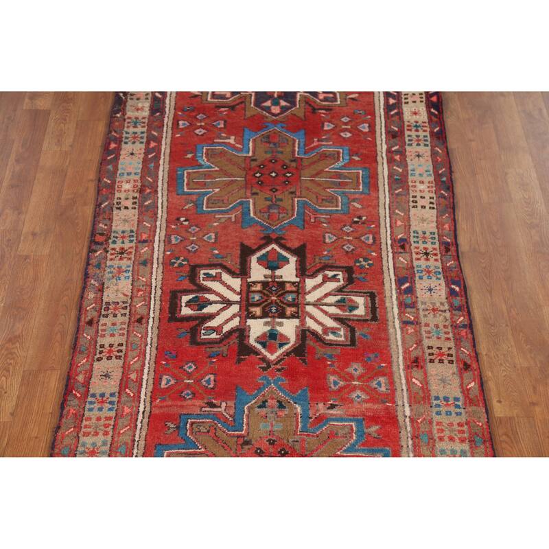 Hand Knotted Oriental 100% Wool Carpet Traditional Geometric Red Heriz Runner Rug - 9' 7'' X 3' 2''