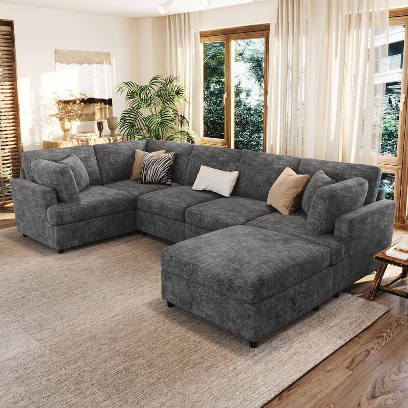 6-Piece U-Shaped Sectional Corner Sofa with Movable Ottoman and Durable Chenille Fabric for Versatile Living Spaces