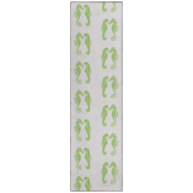 Indoor/ Outdoor Surfside Seahorses Washable Rug New - Green - 2'3" x 7'6"