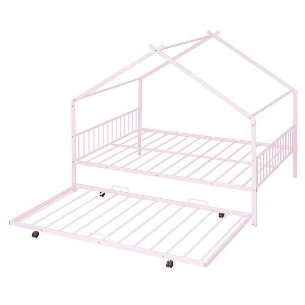 slide 2 of 13, Full Size Metal House Bed with Twin Size Trundle, Pink Pink - Full