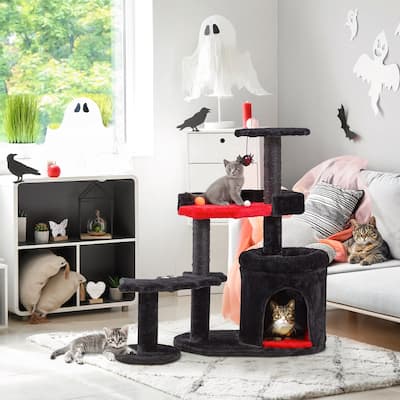 EROMMY Gothic Cat Tree,34.6" H Cat Tree Tower With Cat Scratching Post For Indoor Cats,Halloween Pet Furniture,Black With Red