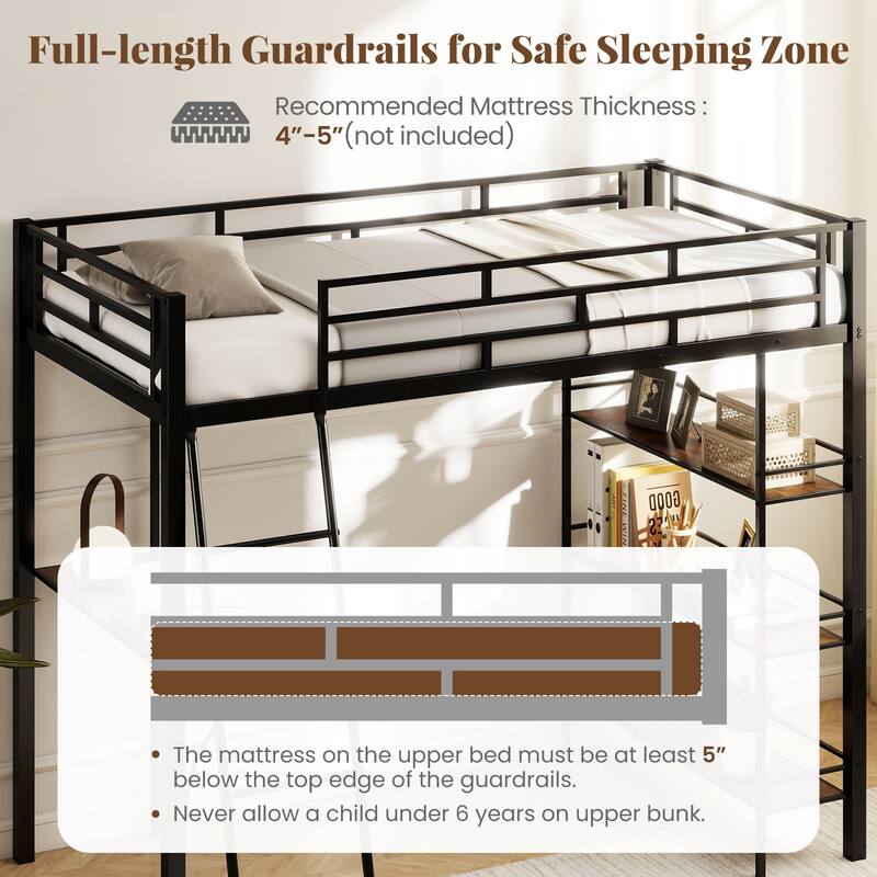 Gymax Twin Size Loft Bed w/ Desk & Shelves Inclined Ladder &