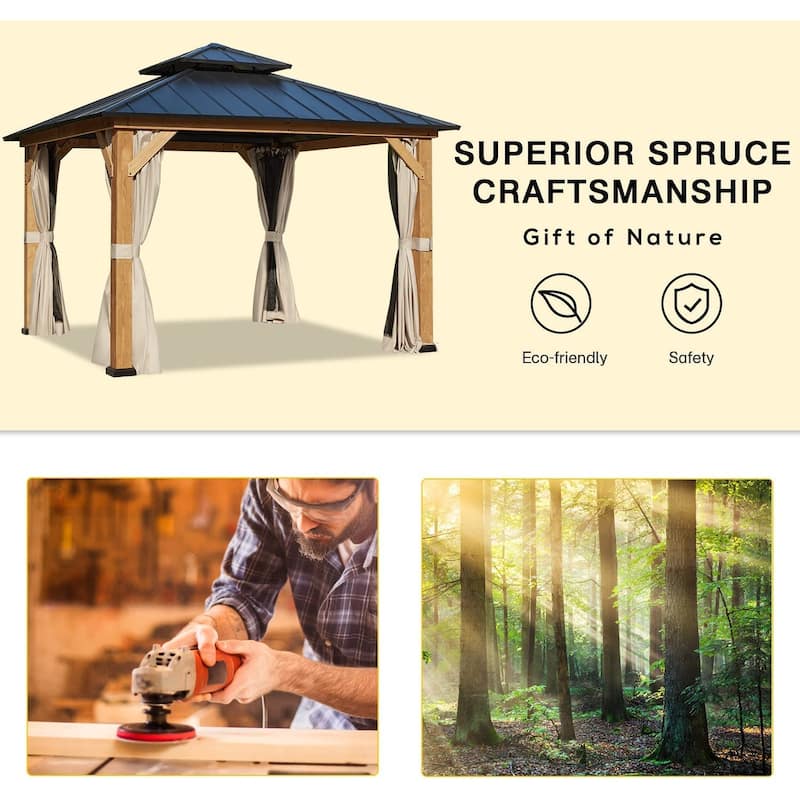 Cedar Wood Gazebo for Outdoors - Hardtop Waterproof Backyard Pergola, Natural Wood Patio Cover with Easy Assembly