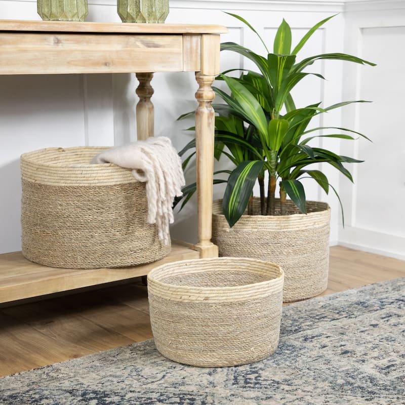 Set of 3 Twisted Weave and Zig Zag Sewn Seagrass Storage Baskets 16.5" - 16.5