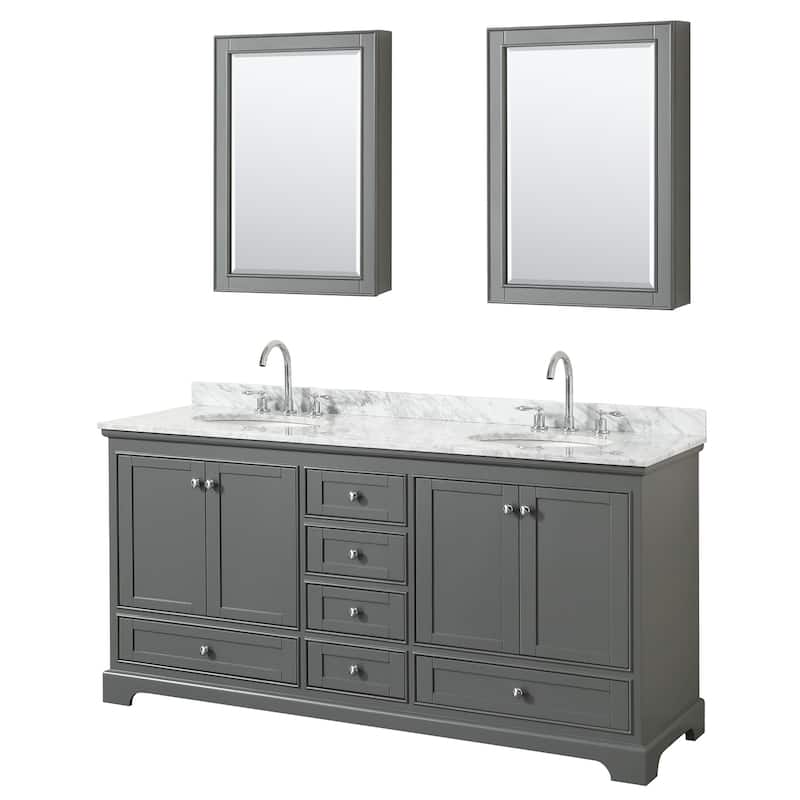 Deborah 72-inch Dark Gray Double Vanity, Oval Sinks, Med Cabs - Dark Gray, Chrome, White Carrara Marble Top