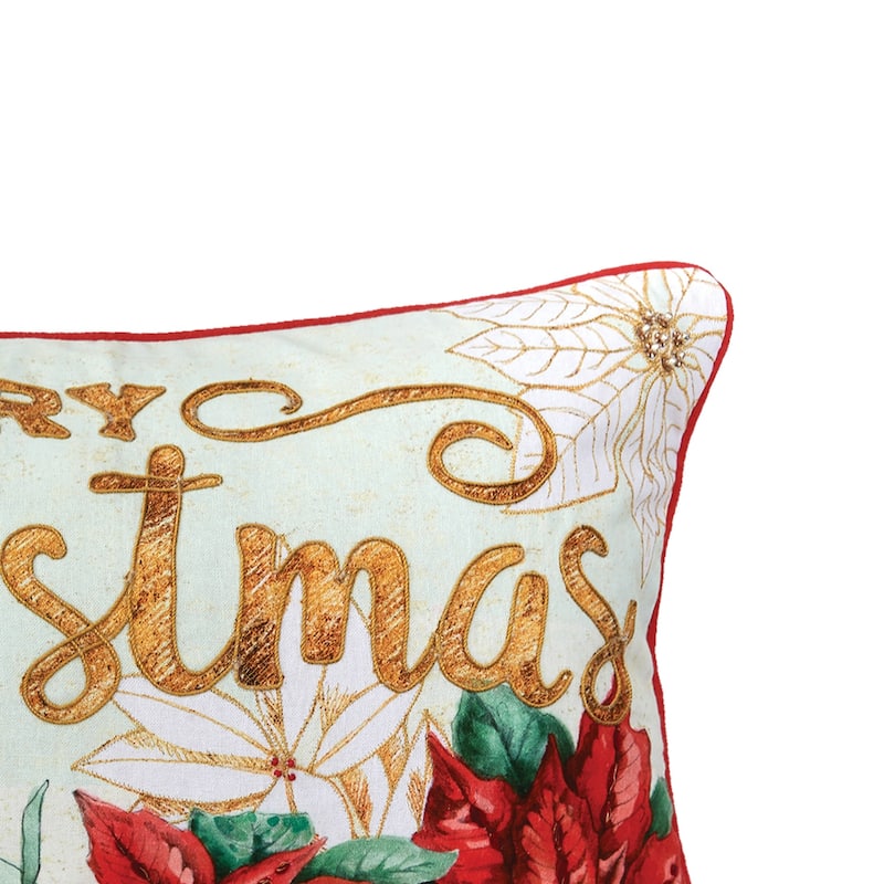 Merry Christmas Poinsettia Printed and Embroidered Throw Pillow
