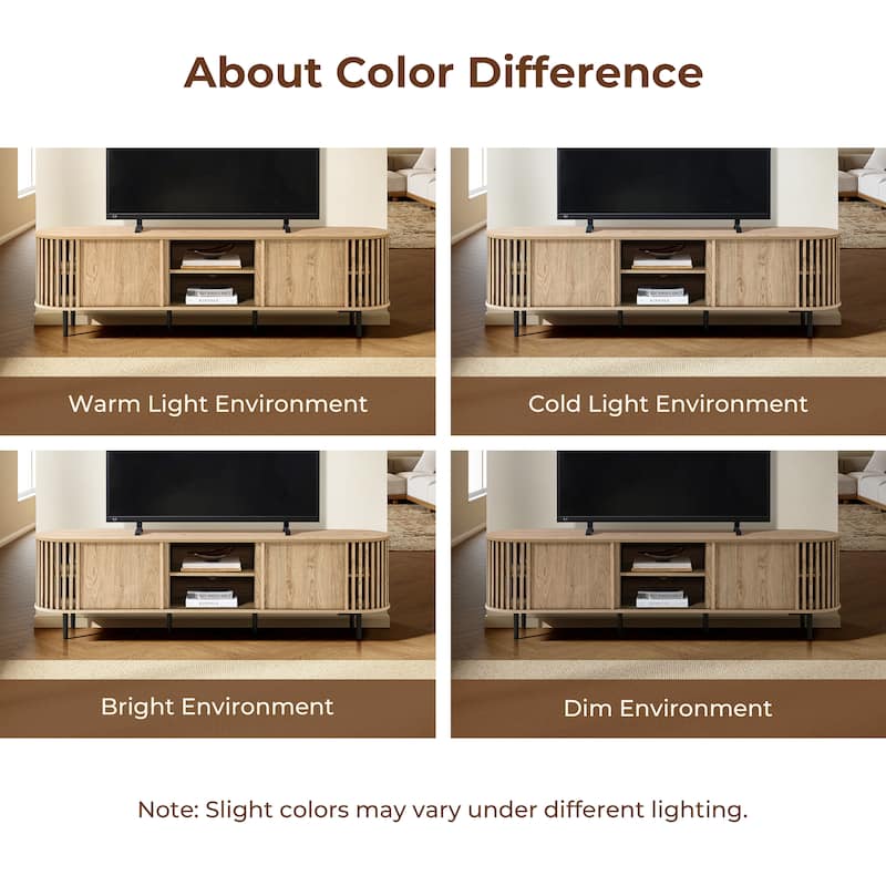 Light Oak Finish Engineered Wood 2-Door and Open Storage TV Console - 70.87" W