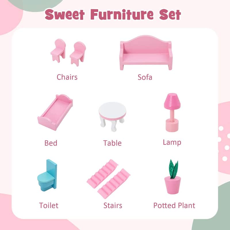 Kids Dollhouse Playset with 5 Simulated Rooms & 10 Pieces of Furniture