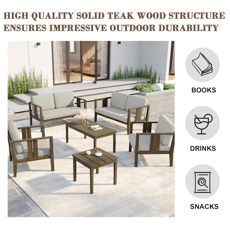 6-Piece Outdoor Furniture Solid Teak Patio Conversation Set with Table
