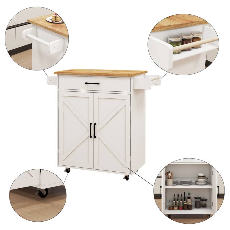 Kitchen Island on Locking Wheels, Rolling Island Table with Rubber Wood Table Top, Bar Cabinet with Adjustable Shelves & Drawer