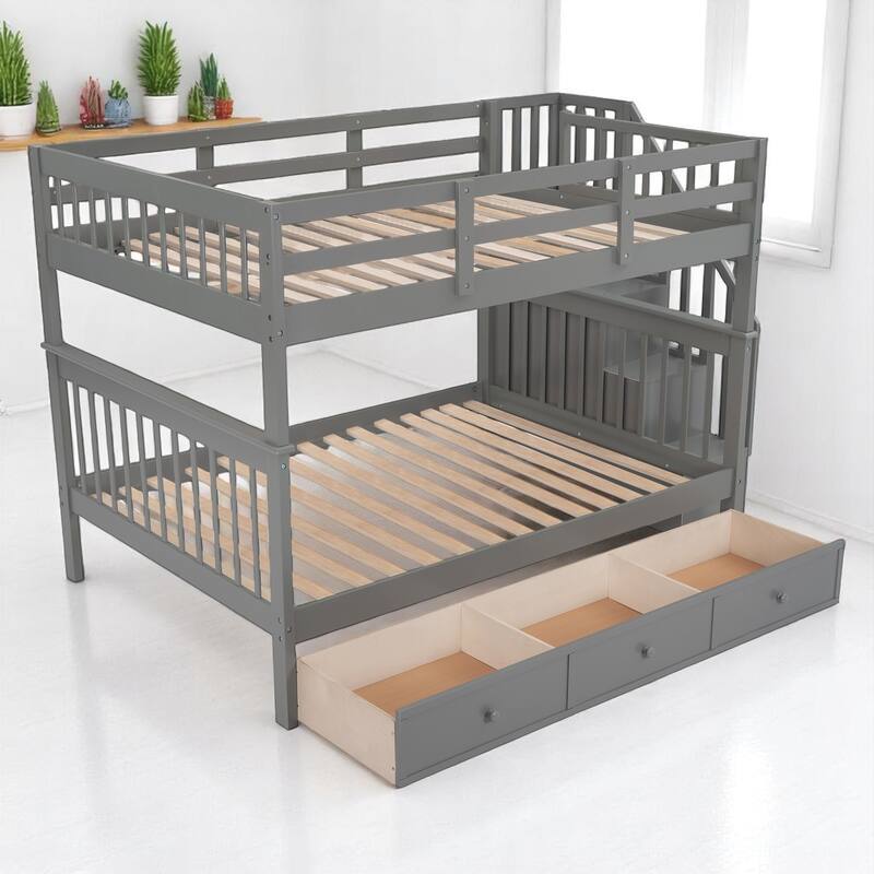 Full Over Full Bunk Bed with Storage Staircase and Shelves, Convertible Design, No Box Spring Needed,kid beds