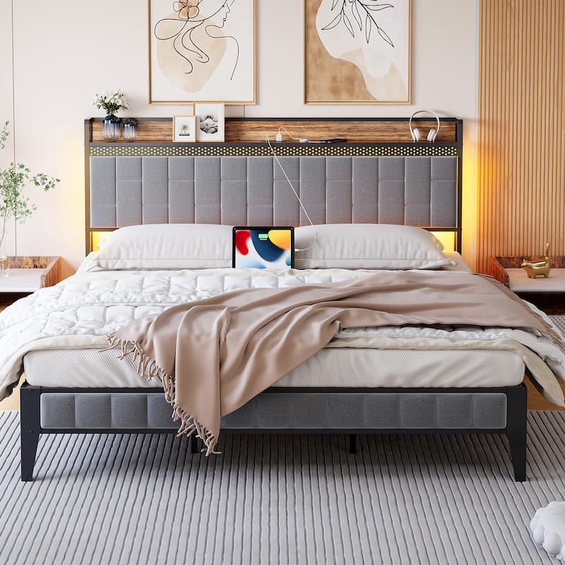 Bed Frame with LED Light and Storage Headboard