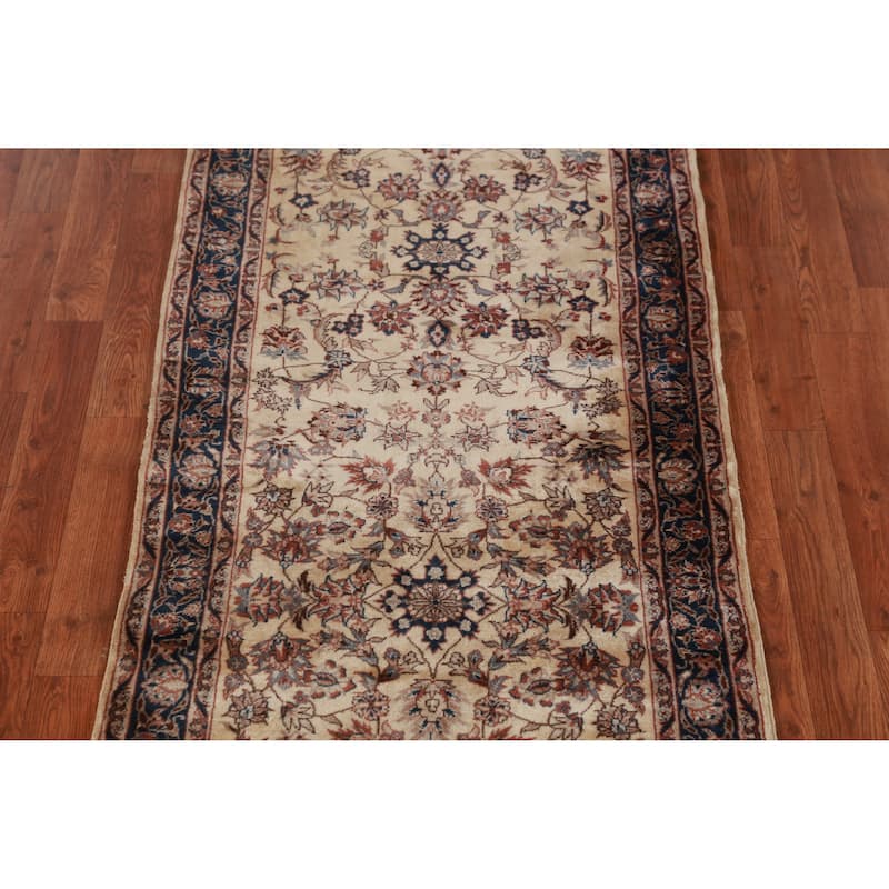 Hand Knotted Oriental 100% Wool Carpet Traditional Floral Beige & Ivories Kashan Runner Rug - 10' 0'' X 2' 7''