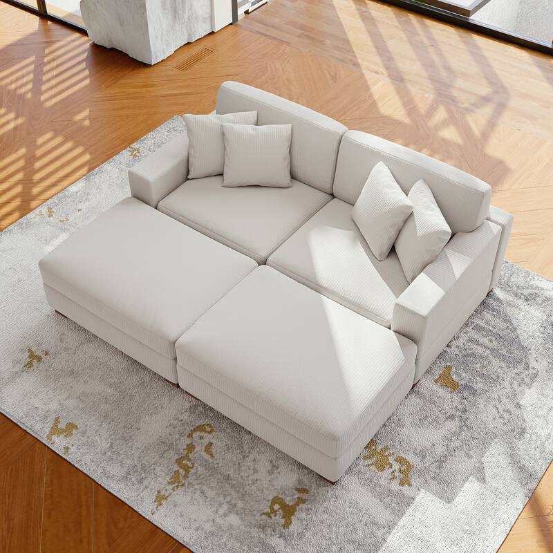 Modular Corduroy Sectional Sofa Set Chaise Couch with Ottoman