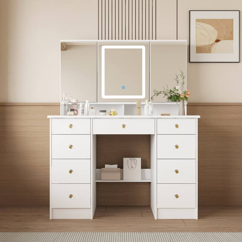 43" White Makeup Vanity Desk with LED Lighted Mirror, Tempered Glass Top, 9 Drawers Storage Dressing Table