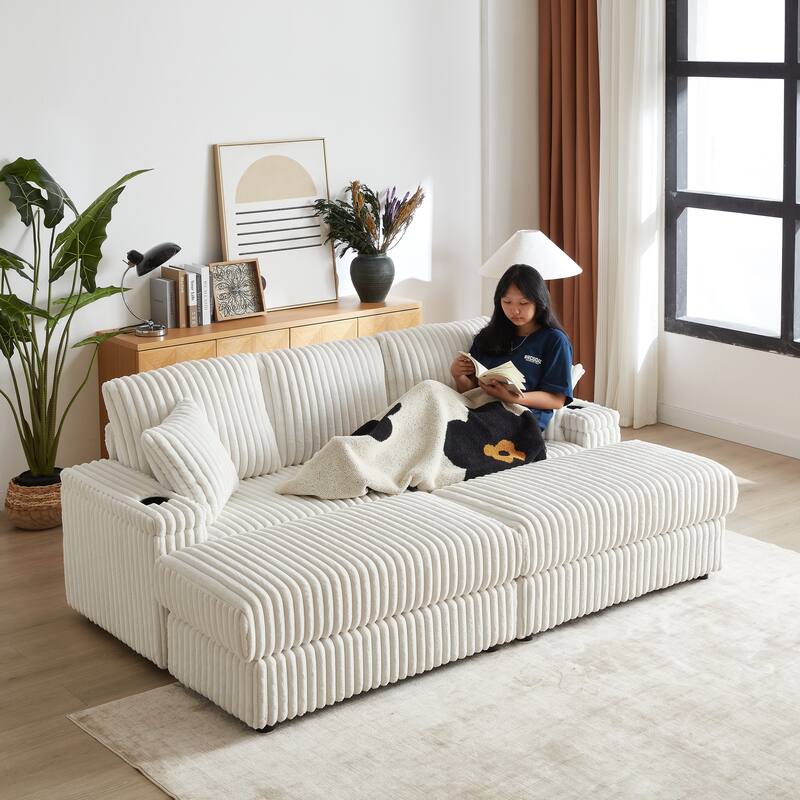Corduroy Sectional Loveseat Sofa with 2 Ottomans Chaise Lounge, 2 Toss Pillows, 2 Arm Storage and 2 Cup-holding for Living Room