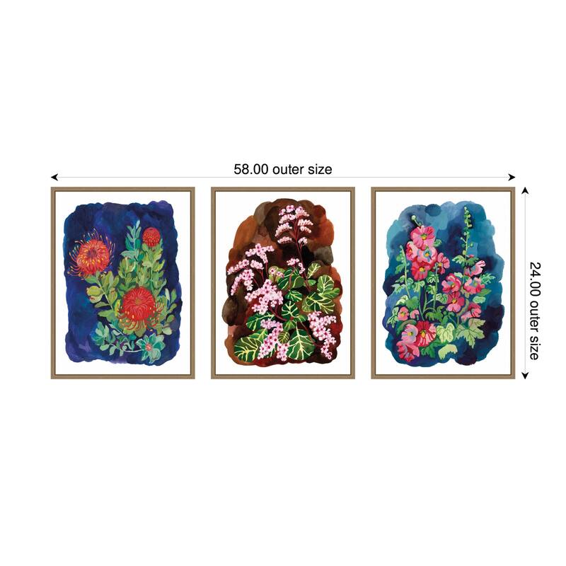 Kate and Laurel Proteas in Blue & Hollyhock 3 Piece Framed Canvas Wall Art Set by Lucia Gianello