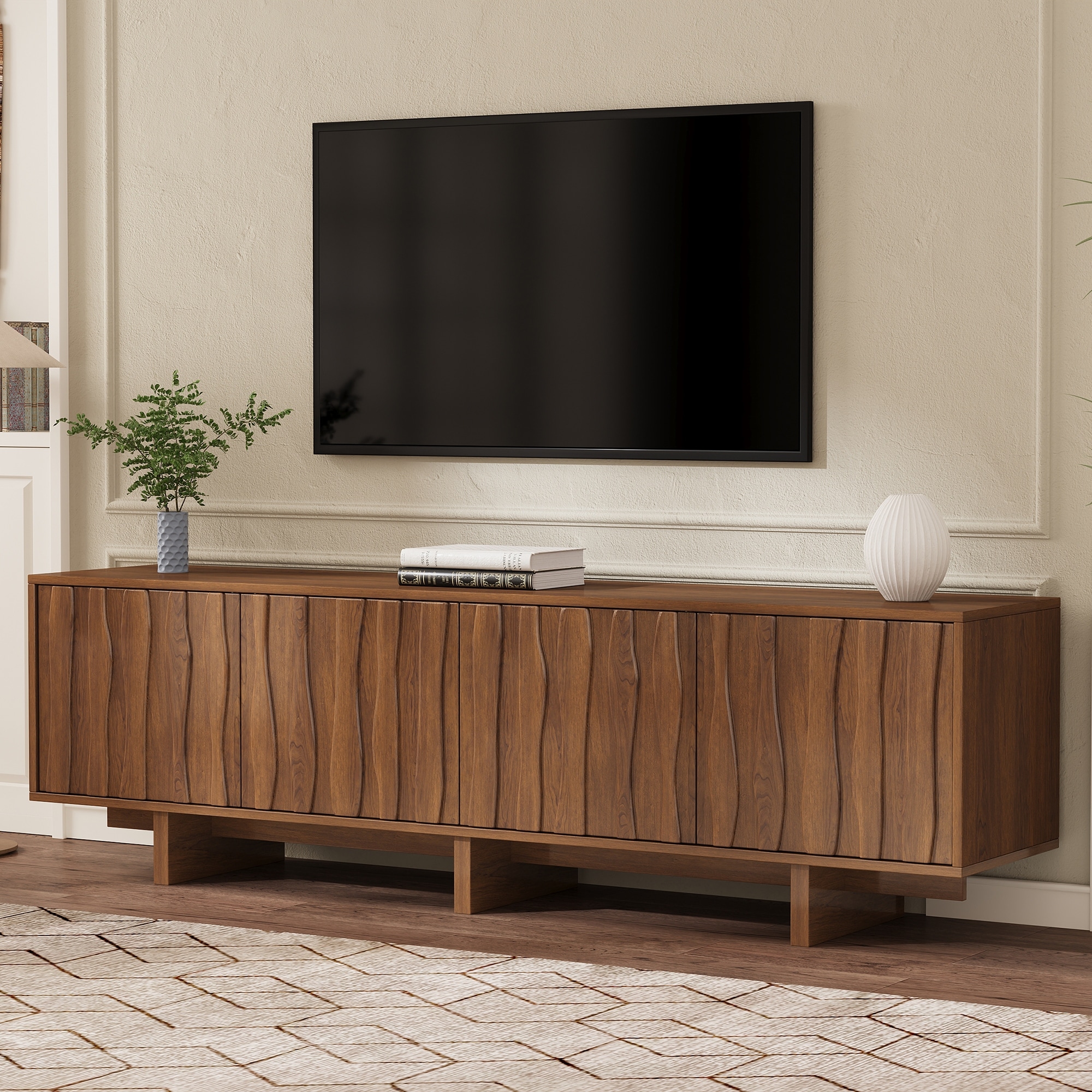 Retro Wood Grain TV Stand, Wavy Door, Fits TVs up to 75", Rustic Media Console, Cable Management